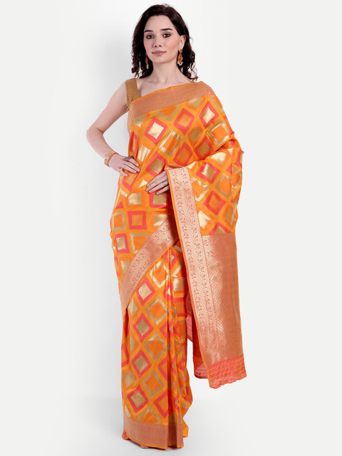 

VAIVIDHYAM Orange & Pink Zari Banarasi Saree