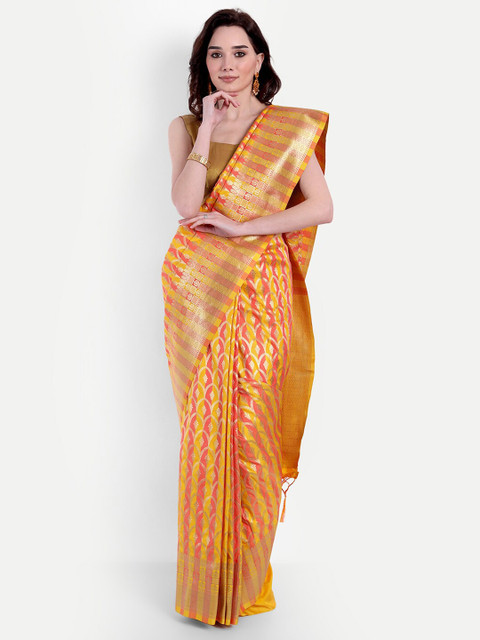 

VAIVIDHYAM Orange & Yellow Ethnic Motifs Woven Design Banarasi Saree