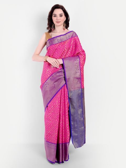 

VAIVIDHYAM Pink & Gold-Toned Woven Design Zari Silk Blend Banarasi Saree