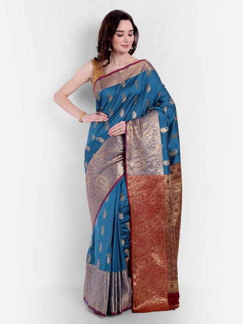 

VAIVIDHYAM Turquoise Blue & Brown Ethnic Motifs Zari Banarasi Saree