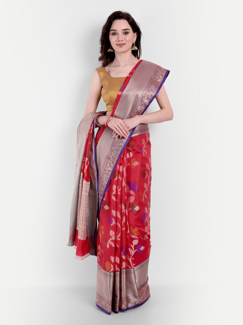 

VAIVIDHYAM Purple & Red Floral Woven Design Banarasi Saree