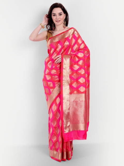 

VAIVIDHYAM Peach-Coloured & Gold-Toned Ethnic Motifs Zari Banarasi Saree