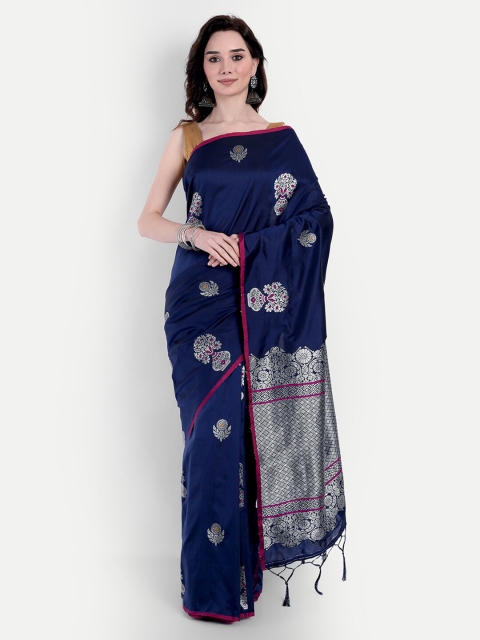 

VAIVIDHYAM Navy Blue & Silver-Toned Floral Woven Design Banarasi Saree