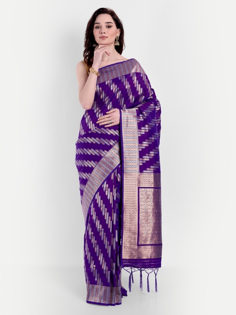 

VAIVIDHYAM Purple & Gold-Toned Woven Design Zari Pure Cotton Banarasi Saree