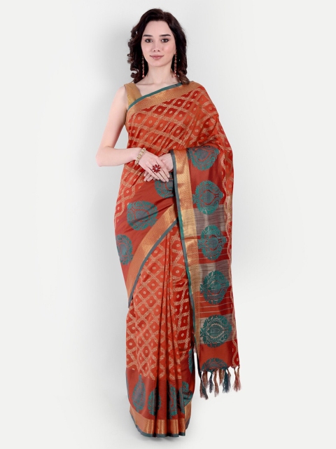 

VAIVIDHYAM Orange & Green Woven Design Banarasi Saree