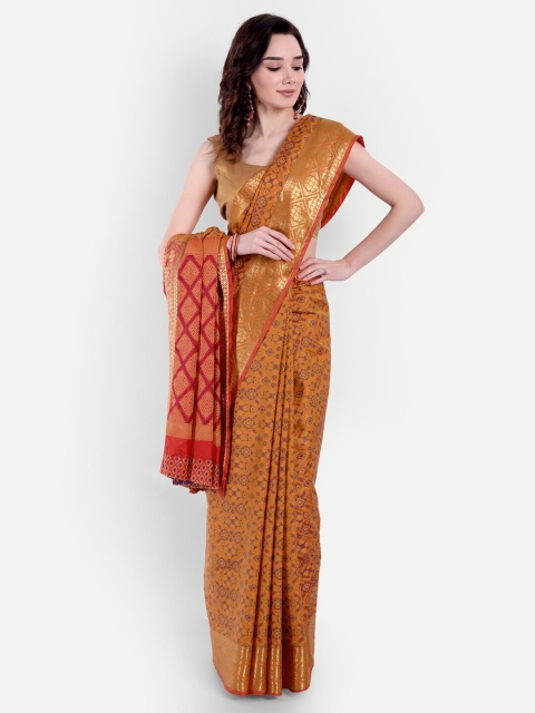

VAIVIDHYAM Mustard & Red Ethnic Motifs Zari Pure Cotton Paithani Saree