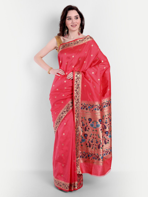 

VAIVIDHYAM Peach-Coloured & Gold-Toned Ethnic Motifs Banarasi Saree