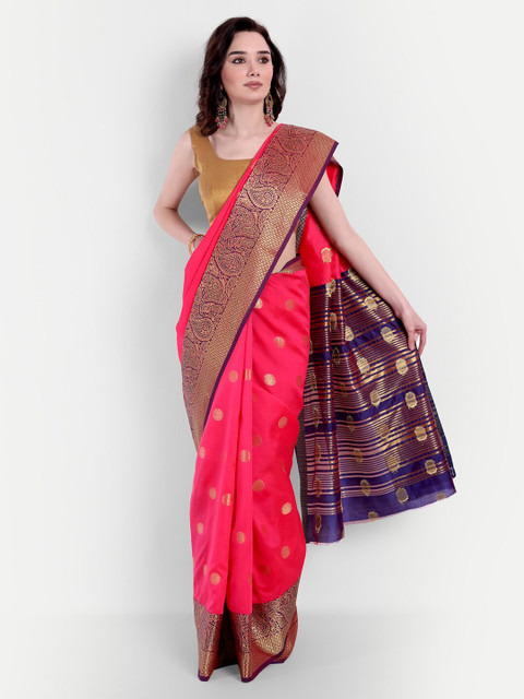 

VAIVIDHYAM Peach & Blue Woven Design Banarasi Saree