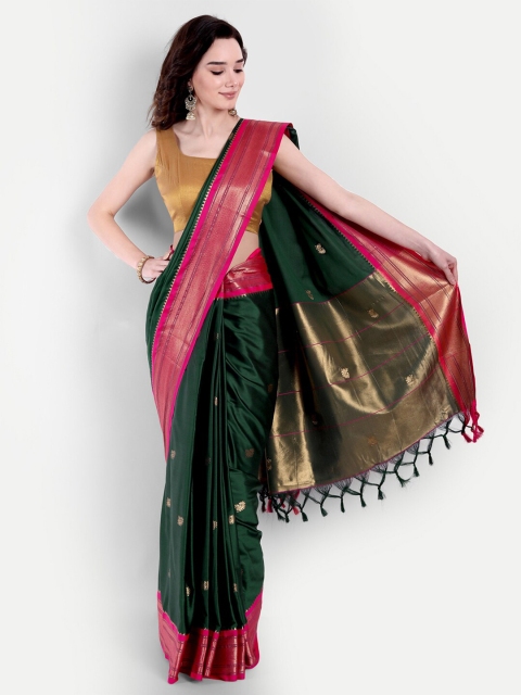 

VAIVIDHYAM Green & Pink Ethnic Motifs Zari Banarasi Saree