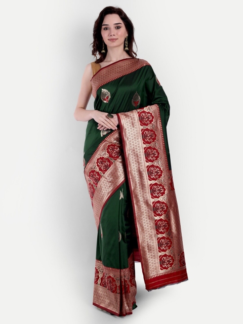 

VAIVIDHYAM Green & Red Woven Design Zari Pure Cotton Paithani Saree