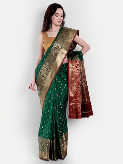 

VAIVIDHYAM Green & Red Ethnic Motifs Zari Banarasi Saree