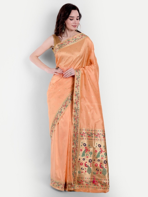 

VAIVIDHYAM Orange & Green Woven Design Zari Silk Cotton Paithani Saree