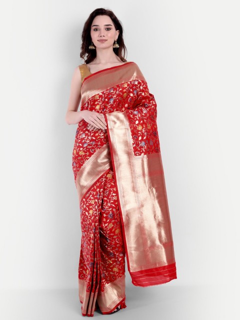 

VAIVIDHYAM Red & Blue Ethnic Motifs Zari Banarasi Saree