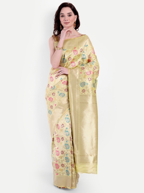 

VAIVIDHYAM Pink & Off White Floral Woven Design Banarasi Saree