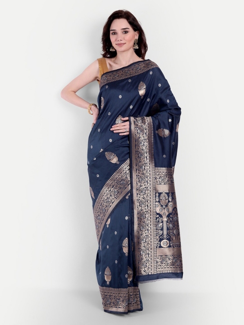 

VAIVIDHYAM Navy Blue & Gold-Toned Ethnic Motifs Zari Pure Cotton Banarasi Saree