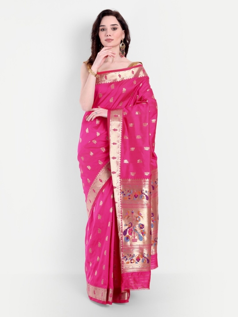 

VAIVIDHYAM Pink & Gold-Toned Ethnic Motifs Zari Banarasi Saree