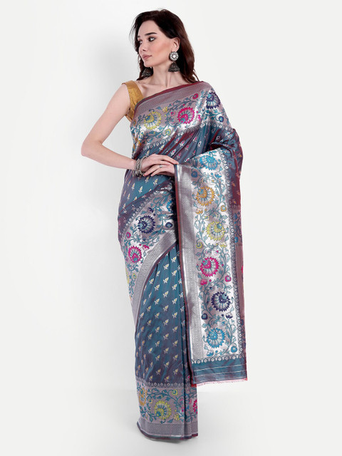 

VAIVIDHYAM Sea Green & Silver-Toned Ethnic Motifs Zari Banarasi Saree
