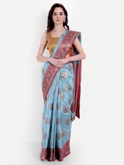 

VAIVIDHYAM Turquoise Blue & Silver-Toned Woven Design Banarasi Saree