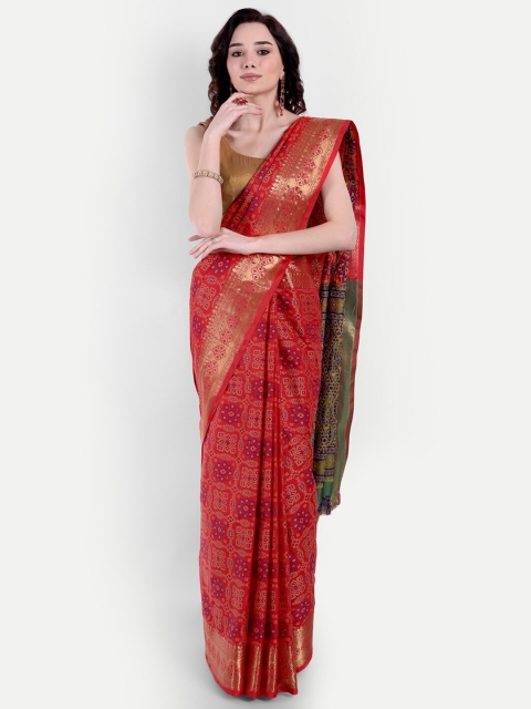 

VAIVIDHYAM Red & Gold-Toned Ethnic Motifs Zari Silk Cotton Banarasi Saree