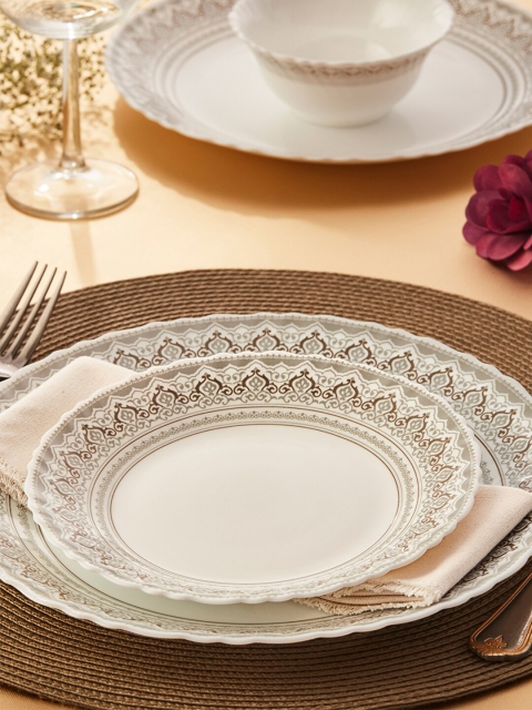 

Larah by BOROSIL Set Of 12 White & Grey Ethnic Motifs Printed Opalware Glossy Dinner Set