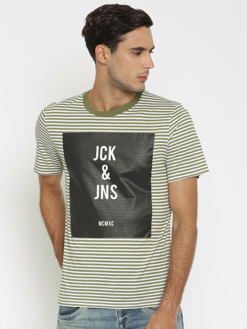 

Jack & Jones Men Green & White Printed Striped Round Neck T-shirt