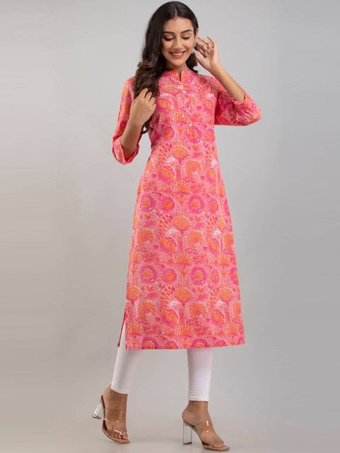 

Fusion Threads Women Peach-Coloured & Pink Floral Printed Cotton Kurta