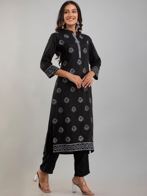 

Fusion Threads Women Black Ethnic Motifs Printed Pure Cotton Kurta with Trousers