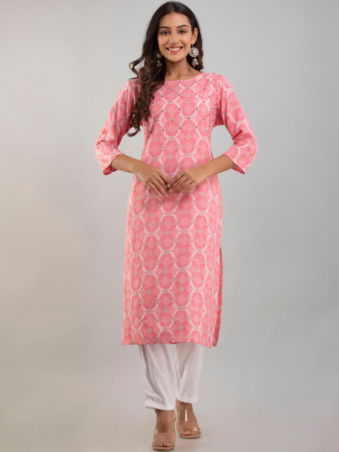 

Fusion Threads Women Peach-Coloured Ethnic Motifs Printed Pure Cotton Kurta with Trousers