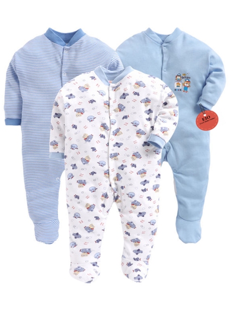 

EIO Infants Pack of 3 Printed Cotton Sleepsuits, Blue