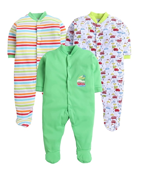 

EIO Infant Kids Pack Of 3 Printed cotton Sleepsuits, Green