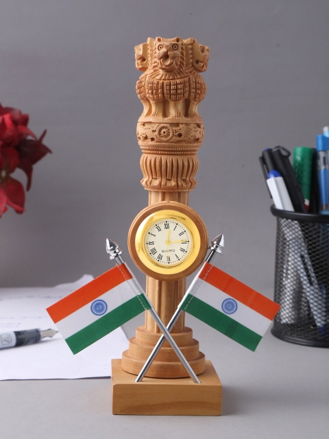 

RDK Beige Textured Ashoka Pillar With Flag and Clock Showpiece