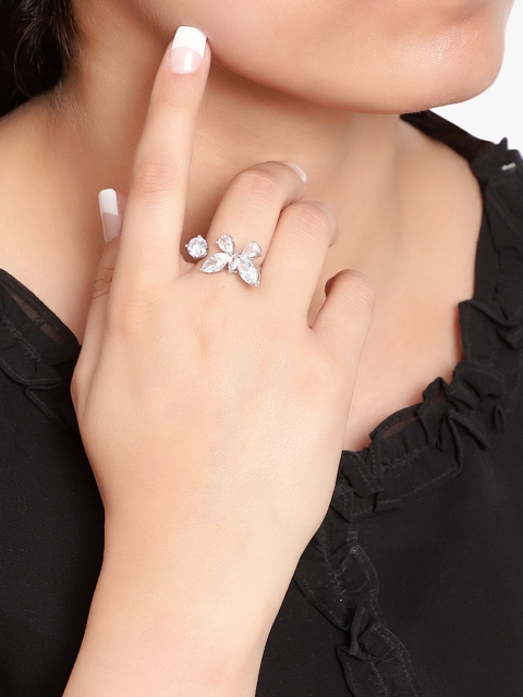 

KACY Silver-Plated & White Cubic Zirconia Studded Finger Ring