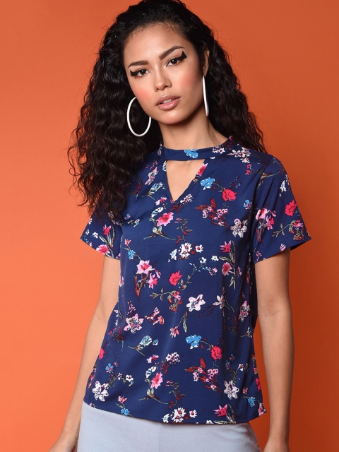 

CHIMPAAANZEE Navy Blue Floral Print Choker Neck Top