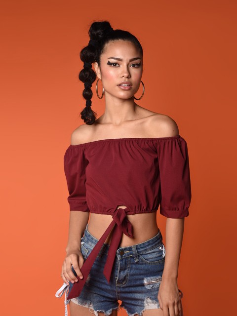 

CHIMPAAANZEE Maroon Off-Shoulder Bardot Crop Top