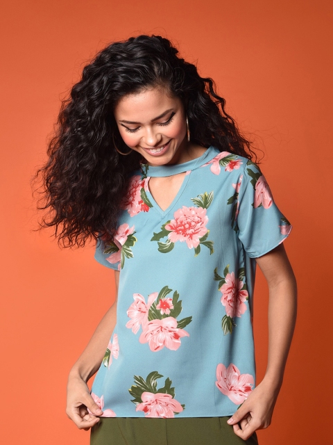 

CHIMPAAANZEE Blue Floral Print Keyhole Neck Top
