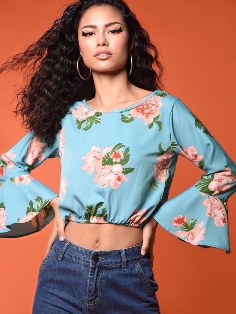 

CHIMPAAANZEE Blue Floral Print Blouson Crop Top