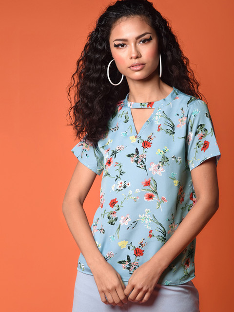 

CHIMPAAANZEE Blue Floral Print Keyhole Neck Top