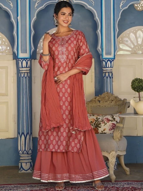 

Juniper Women Pink Ethnic Motifs Mirror Work Kurta with Palazzos & With Dupatta