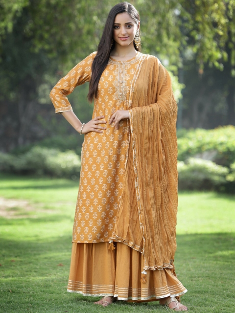 

Juniper Women Mustard Yellow Printed Mirror Work Kurta With Sharara & Dupatta