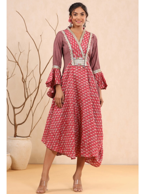 

Juniper Pink Ethnic Motifs Lace Ethnic A-Line Midi Dress