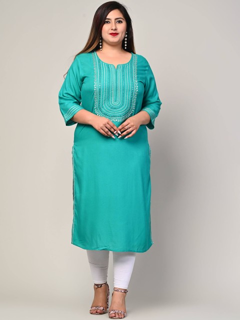 

Swasti Plus Size Women Turquoise Blue Yoke Design Mirror Work Kurta