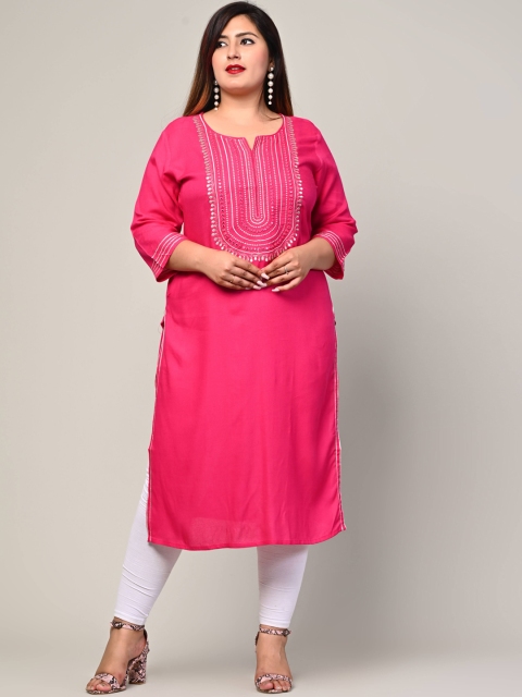 

Swasti Plus Size Women Pink Yoke Design Mirror Work Kurta