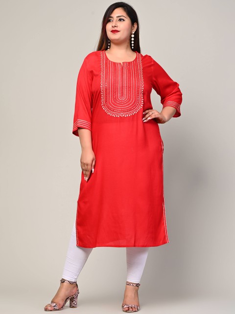 

Swasti Women Red Ethnic Motifs Embroidered Mirror Work Kurta