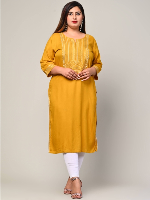 

Swasti Women Plus Size Mustard Yellow & White Yoke Design Kurta