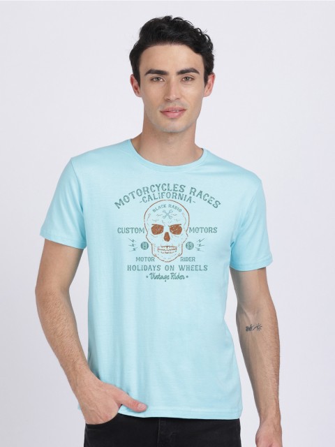 

BLACK RADIO Men Turquoise Blue Typography Printed Cotton Slim Fit T-shirt