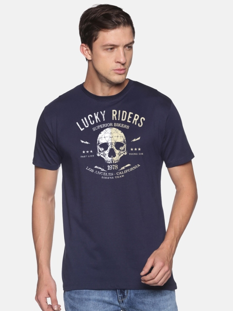 

BLACK RADIO Men Navy Blue Printed Slim Fit T-shirt