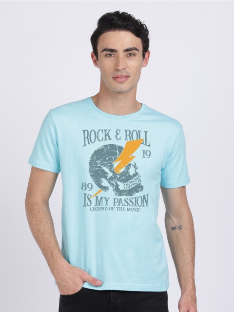 

BLACK RADIO Men Turquoise Blue Typography Printed Cotton Slim Fit T-shirt