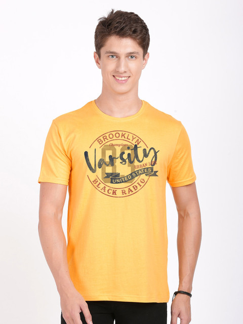 

BLACK RADIO Men Yellow Typography Printed Cotton Slim Fit T-shirt
