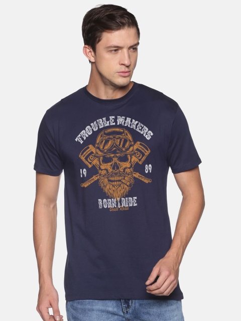 

BLACK RADIO Men Navy Blue Graphic Printed Cotton Slim Fit T-shirt