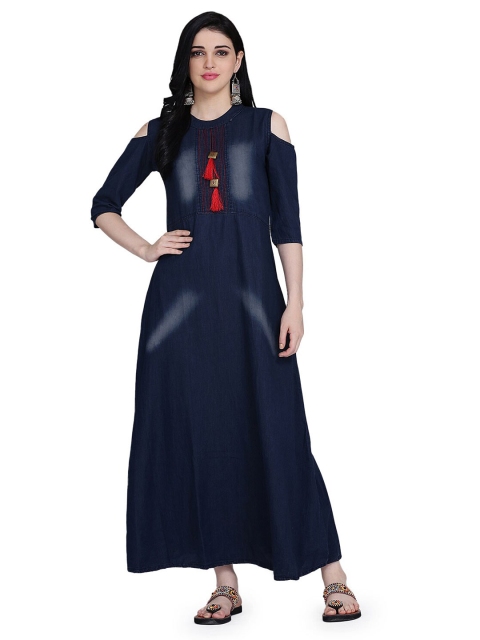 

KALINI Women Blue Solid Cold-Shoulder Sleeves Denim Kurta